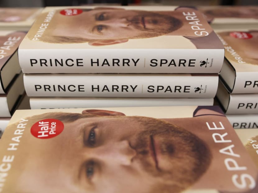 The book "Spare", by Britain's Prince Harry, Duke of Sussex, is displayed during a special midnight opening event for the release of the memoire at the WHSmith bookstore, at Victoria Station in London, on Jan 9, 2023. 