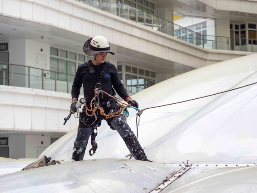 Rope access technician Muhammad Safiuddin Abdul Rahman, 29, has been in the job for a year. The work involves various tasks including maintenance work, inspections and cleaning while his workplaces range from deep waters to the top of buildings. Rope access technician Muhammad Safiuddin Abdul Rahman, 29, has been in the job for a year. The work involves various tasks including maintenance work, inspections and cleaning while his workplaces range from deep waters to the top of buildings.