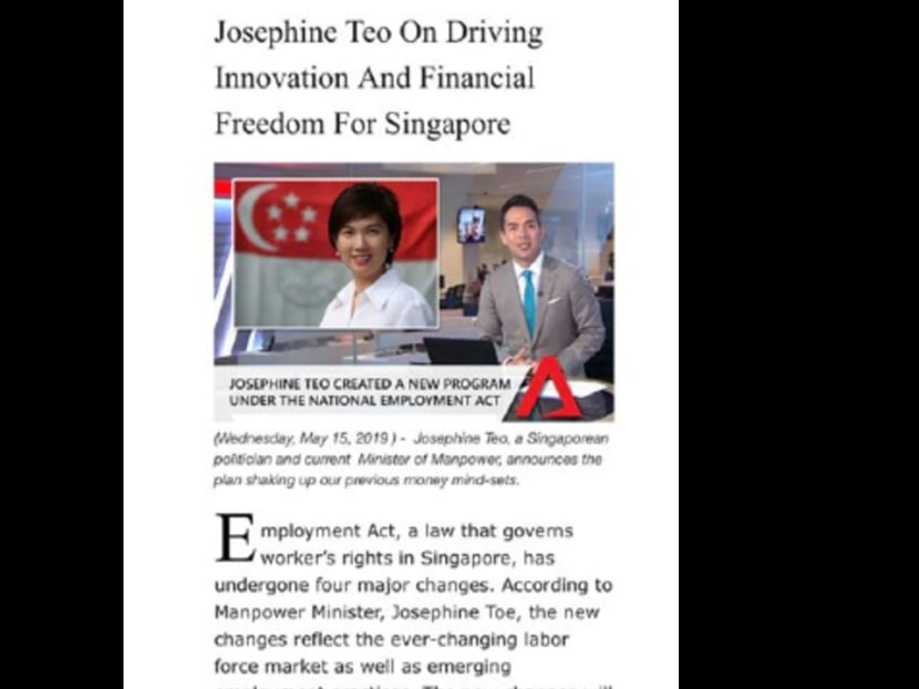 The article features an image of Manpower Minister Josephine Teo on what appears to be a CNA programme.