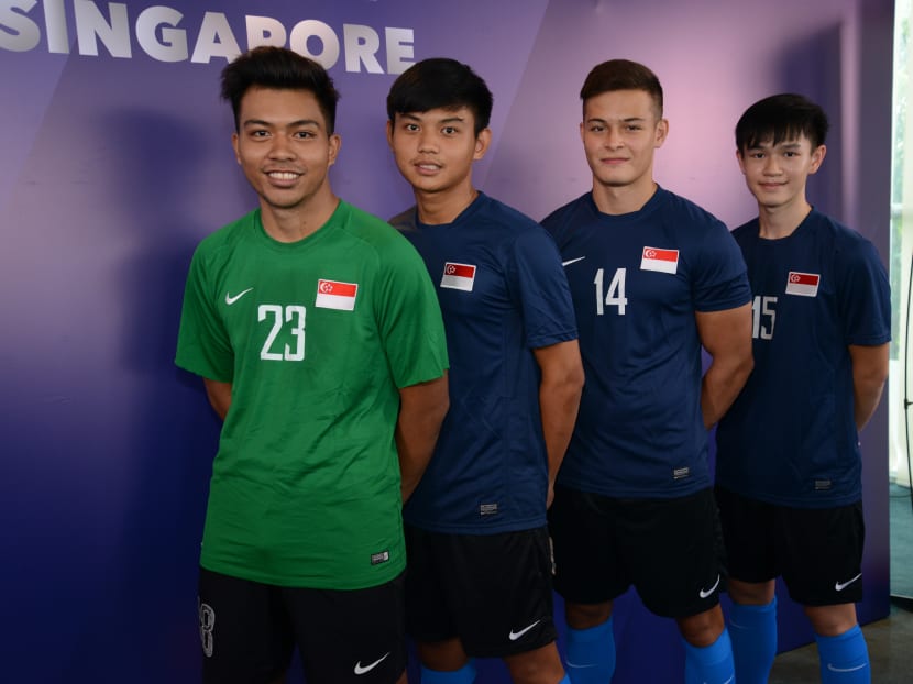 Joseph Goh (second from left) and Armin Maier (third from left) are two of the players who have been handed the chance to don national colours by Fandi Ahmad. Photo: Football Association of Singapore