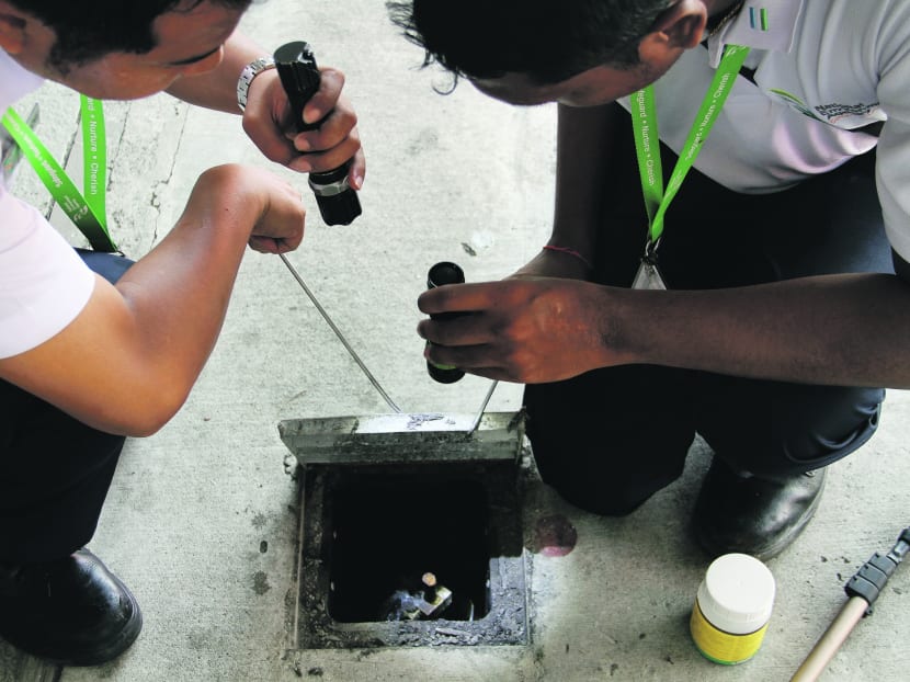 NEA officers do a Dengue check at Tampines MRT station. Photo: Alex Westcott