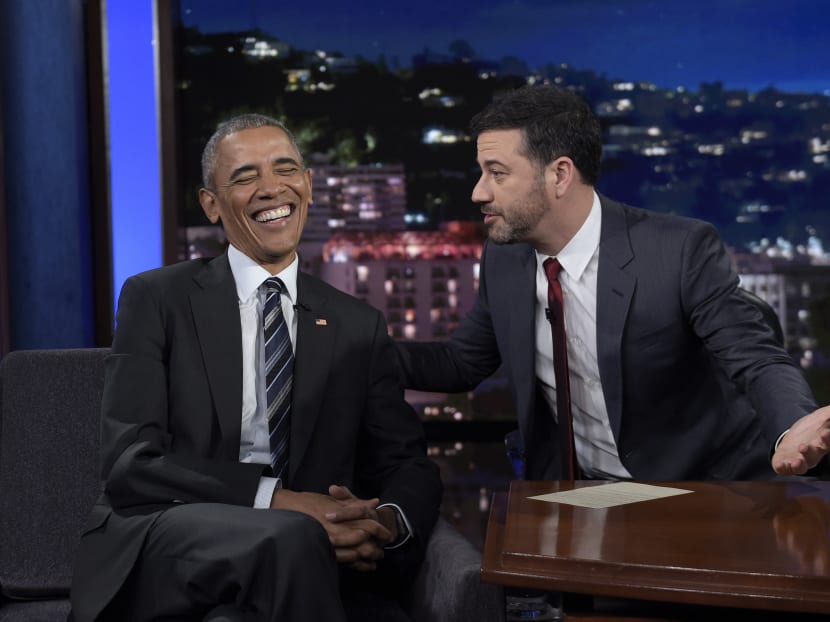 President Barack Obama talks with Jimmy Kimmel in between taping segments of Jimmy Kimmel Live! at the El Capitan Entertainment Center in Los Angeles, Monday, Oct. 24, 2016. Photo: AP