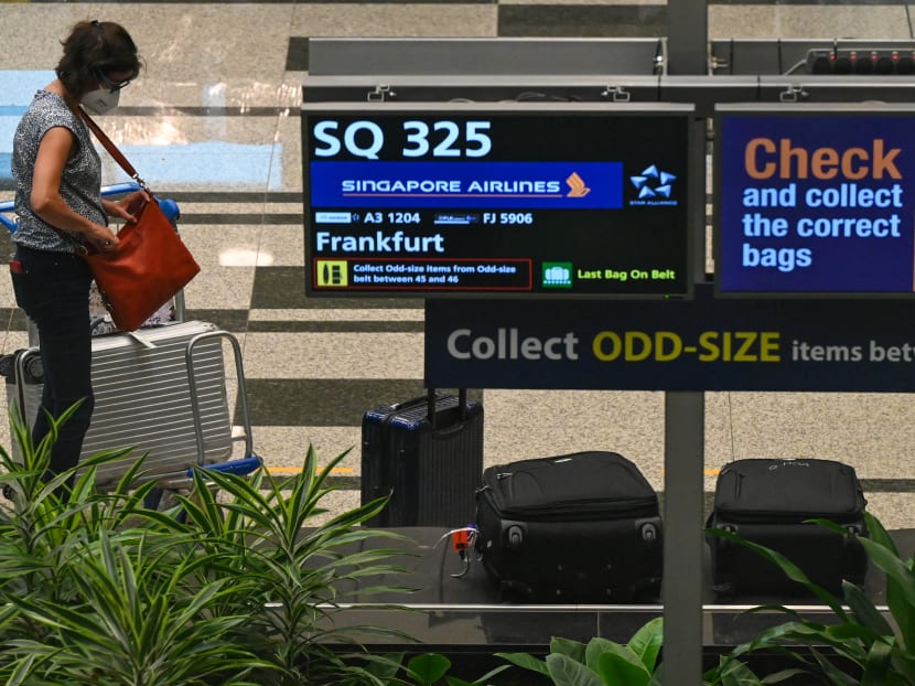 A passenger from Singapore Airlines flight SQ325 at the baggage hall of Changi Airport on Sept 8, 2021. A passenger from Singapore Airlines flight SQ325 at the baggage hall of Changi Airport on Sept 8, 2021.