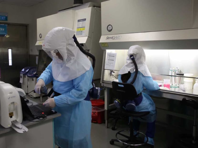 Scientists processing samples to screen and detect the coronavirus that causes Covid-19, at a laboratory at Pasir Panjang Scanning Station on March 5, 2020.