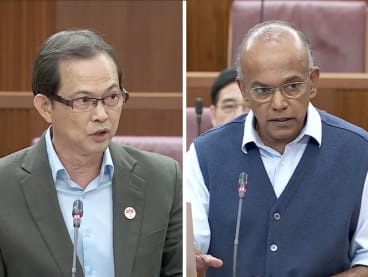 Progress Singapore Party's Leong Mun Wai (left) and Law and Home Affairs Minister K Shanmugam had a heated exchange in Parliament on March 22, 2023.