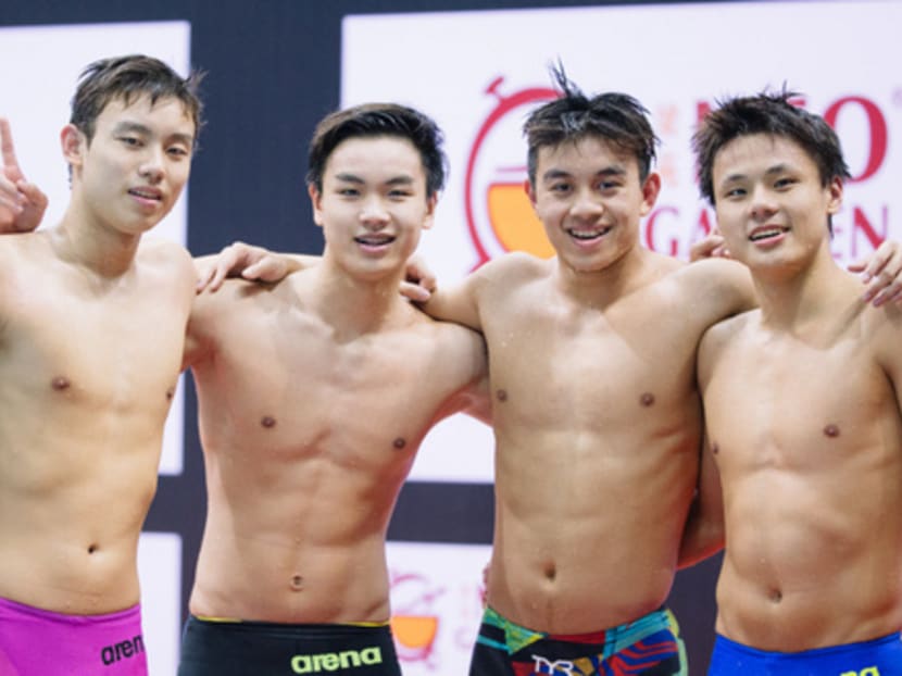 Team Singapore after the men's 4x100m medley relay. Photo: Adrian Seetho/SSA