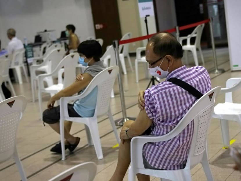 A waiting area for people getting their Covid-19 vaccination at Tanjong Pagar Community Club. A waiting area for people getting their Covid-19 vaccination at Tanjong Pagar Community Club.