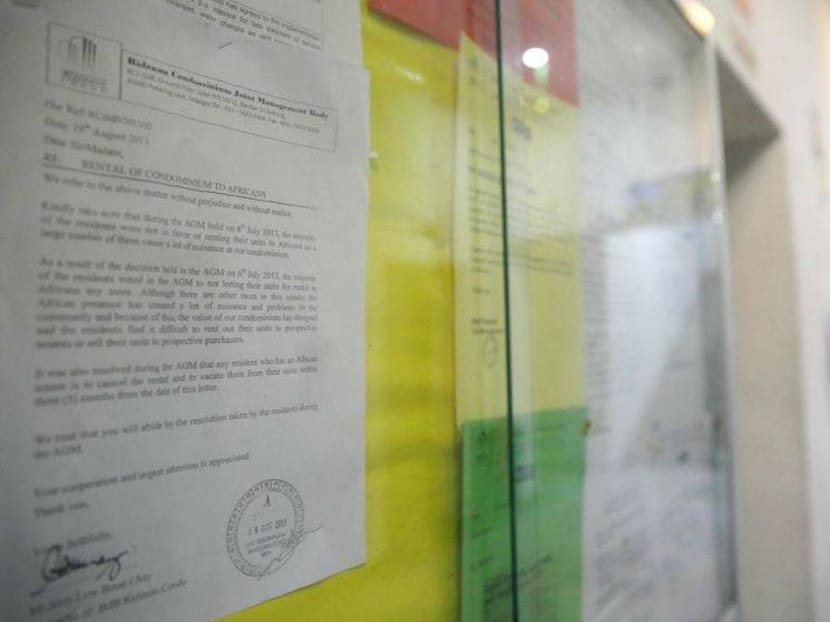 A memo on the move banning the renting of units to ‘African’ tenants affixed to a notice board at a condominium in Subang Jaya. Photo: The Malay Mail online
