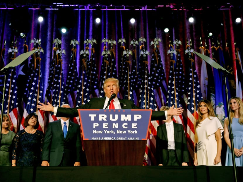 US President-elect Donald Trump addressing supporters at Trump Tower in New York moments after winning the election. photo:  THE NEW YORK TIMES