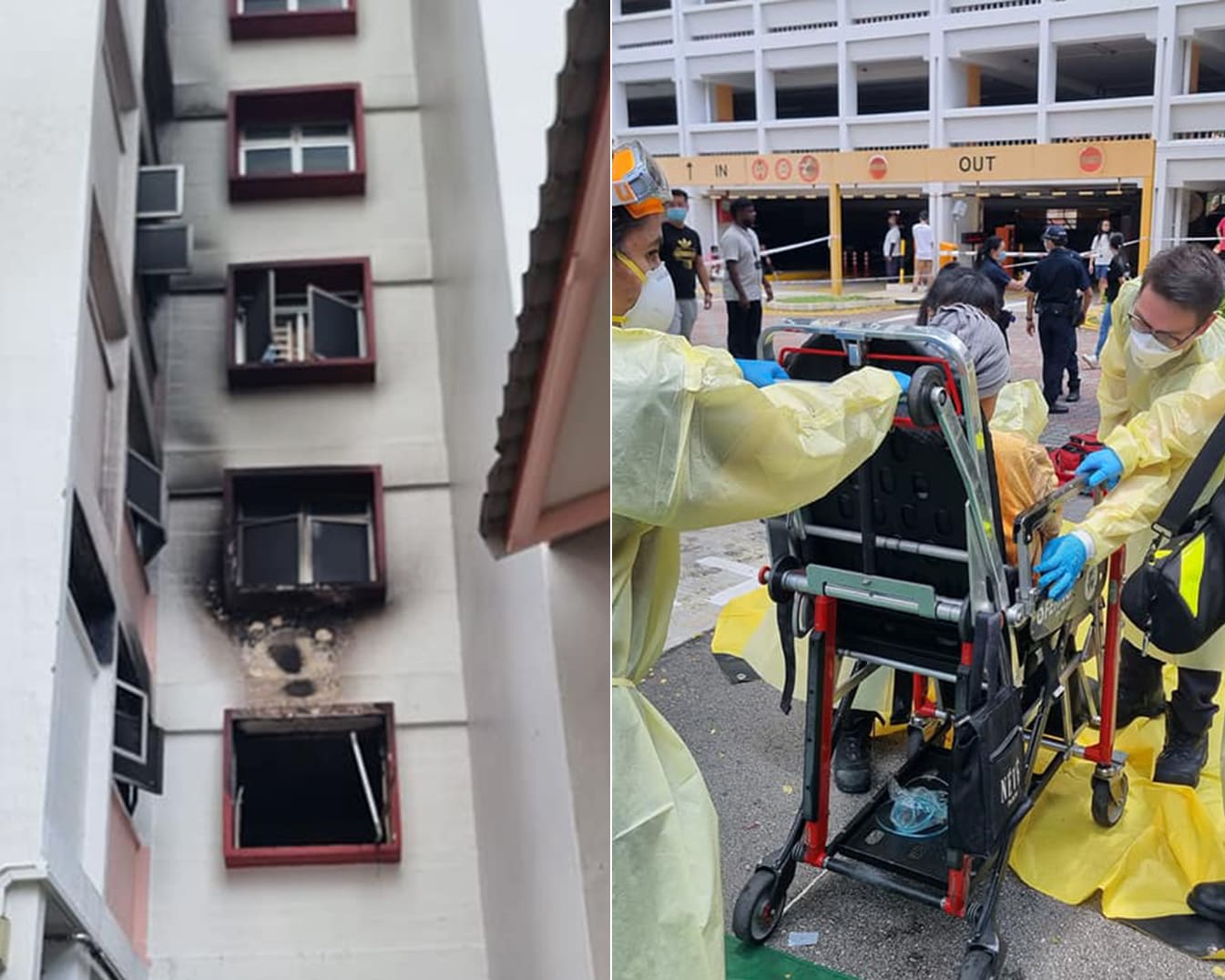 In photos posted by SCDF on Facebook, a person can be seen on a stretcher being attended to by paramedics. Another photo showed the broken window of the affected unit, with debris strewn on the block's ground floor as smoke blackened parts of the exterior wall. In photos posted by SCDF on Facebook, a person can be seen on a stretcher being attended to by paramedics. Another photo showed the broken window of the affected unit, with debris strewn on the block's ground floor as smoke blackened parts of the exterior wall.