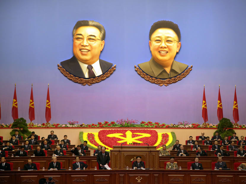 The portraits of late North Korean leaders Kim Il Sung and Kim Jong Il hang inside the convention hall of the April 25 House of Culture where the party congress is held in Pyongyang, North Korea, Monday, May 9, 2016. Photo: AP
