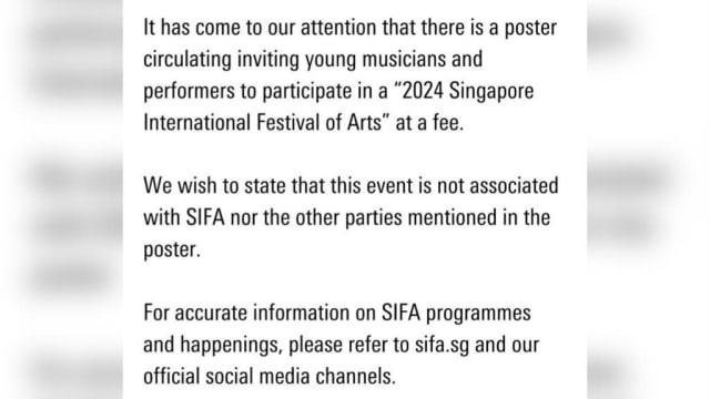 有人冒用“新加坡国际艺术节”名义诱导公众付款 主办方澄清：艺术节及与单位无关联