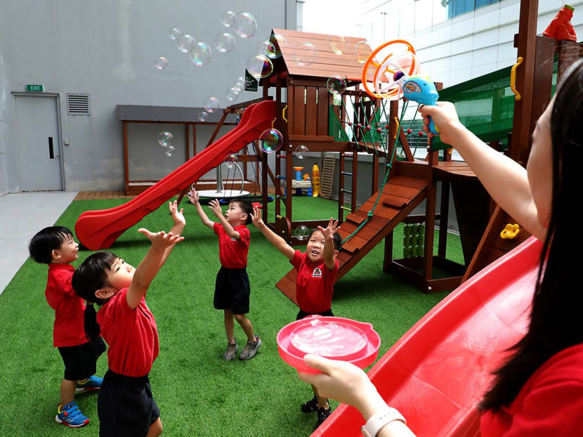 Children at an outdoor playground at Maple Bear preschool at Mediapolis on Sept 7, 2023. Children at an outdoor playground at Maple Bear preschool at Mediapolis on Sept 7, 2023.