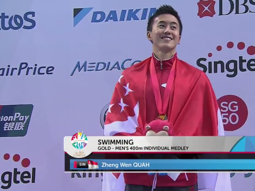 Quah Zhengwen won the men’s 400m Individual Medley final at the OCBC Aquatic Centre this evening (June 9), bagging Singapore's 51st gold for the SEA Games in the process. Screengrab from Sport Singapore/YouTube