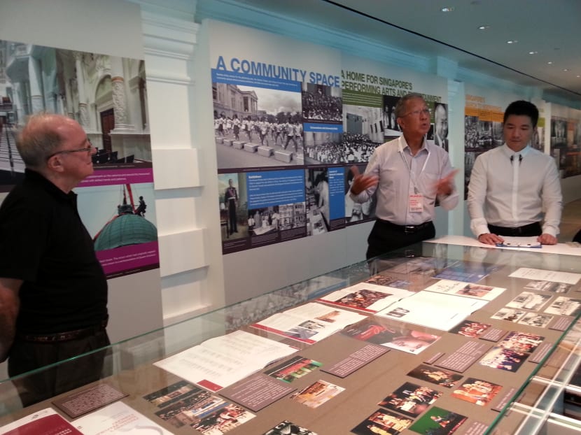 The Stage Club's David Hickman (left), Professor Bernard Tan (centre) and Alvin Tan of the National Heritage Board at the new gallery located within the compounds of the Victoria Theatre and Victoria Concert Hall. Photo: Christopher Toh