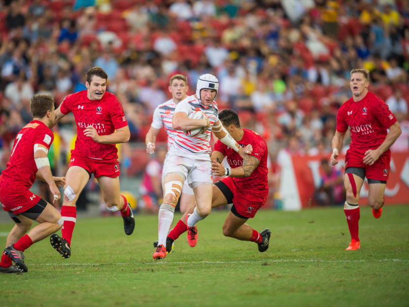 Rugby action on the pitch at the HSBC Sevens Series Singapore. Photo: Rugby Singapore