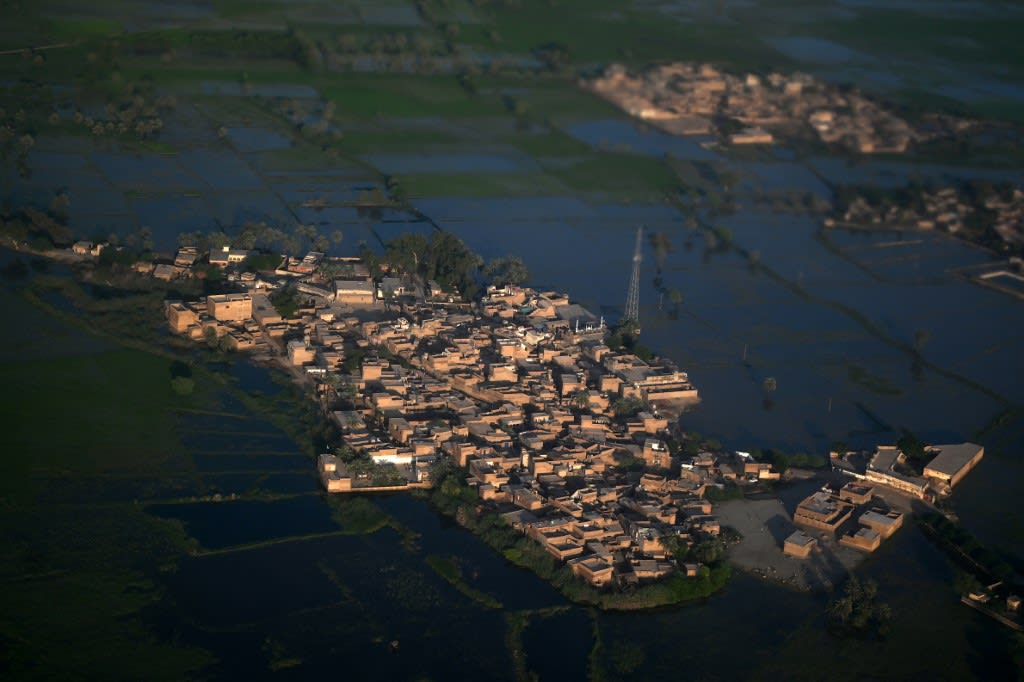 This aerial photograph shows a flooded area on the outskirts of Sukkur, Sindh province, on Sept 9, 2022. This aerial photograph shows a flooded area on the outskirts of Sukkur, Sindh province, on Sept 9, 2022.