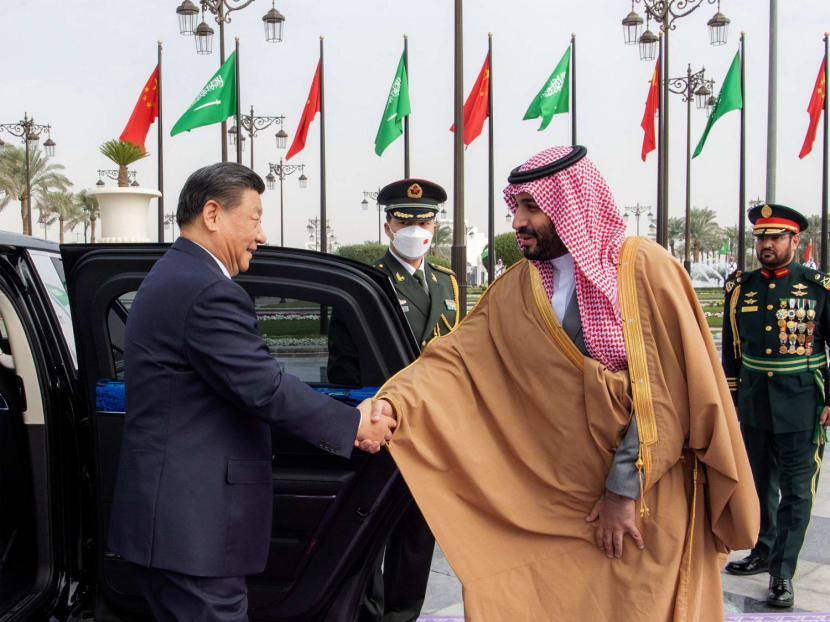 Saudi Royal Palace shows Saudi Crown Prince Mohammed bin Salman welcomes Chinese President Xi Jinping during a ceremony in the capital Riyadh, on Dec 8, 2022. 