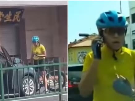 Screengrabs of a video showing an altercation between cyclist Nicolette Tan Shi-en and driver Elaine Michele Ow on June 2, 2023.