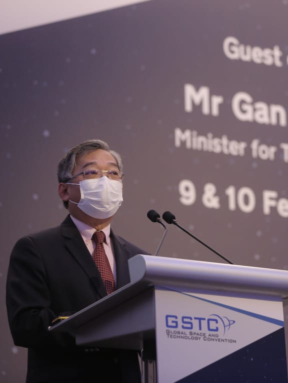 Minister for Trade and Industry Gan Kim Yong giving an opening address at the Global Space and Technology Convention 2022.