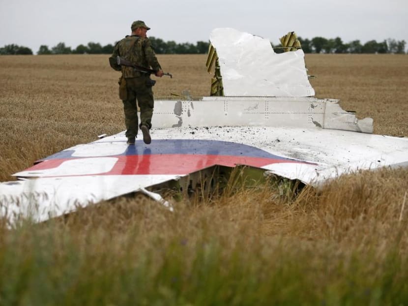 A pro-Russian separatist standing on part of the wreckage of the Malaysia Airlines Boeing 777 plane after it crashed near the settlement of Grabovo in the Donetsk region.
