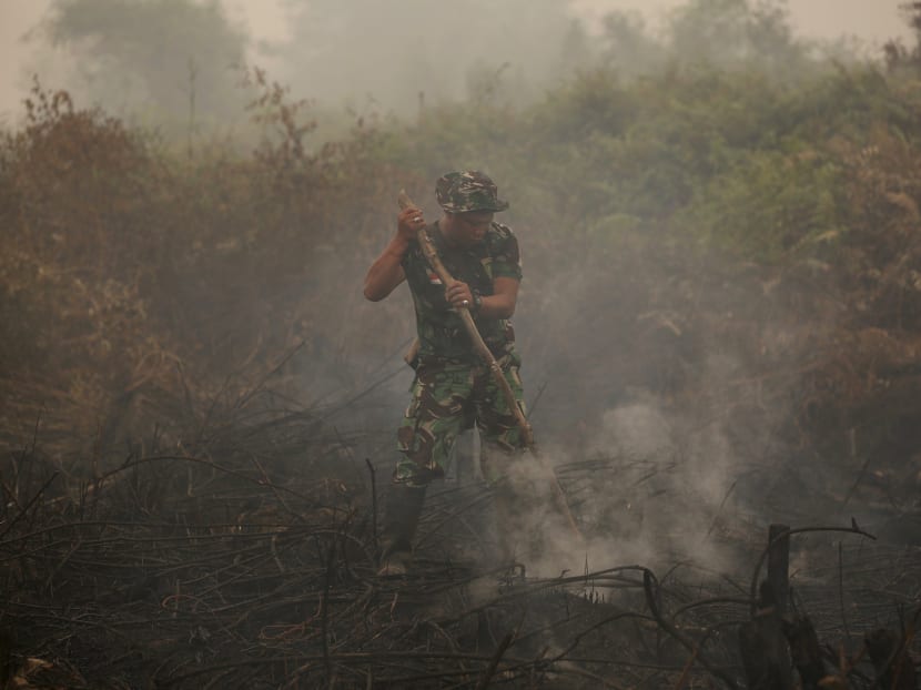 An Indonesian soldier checks on a peat land fire near Palangkaraya, central Kalimantan, Indonesia. Photo: Reuters