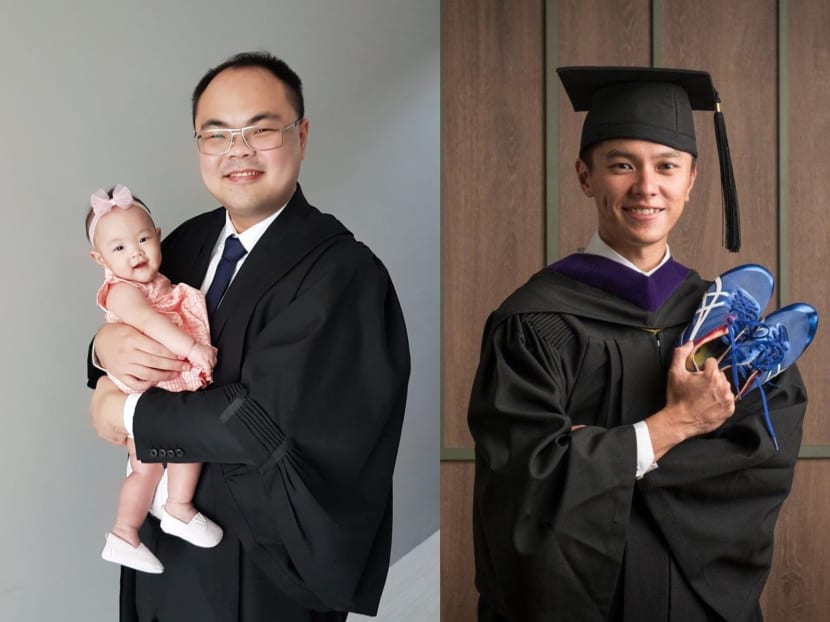 Mr Alexander Joseph Woon (left), pictured with his newborn daughter Sophie, and Mr Tan Zong Yang (right) were admitted to the Singapore Bar in August 2020.
