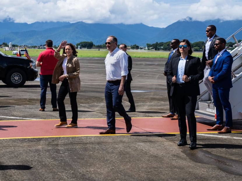 United States Vice President Kamala Harris arrive at Puerto Princesa International Airport before visiting a local village in Palawan on Nov 22, 2022.
