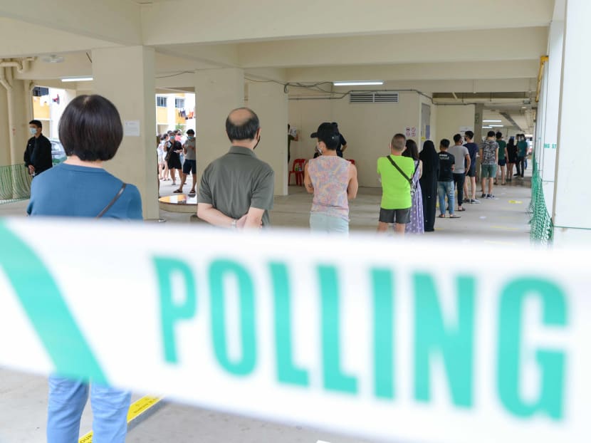 Voters queueing outside a polling station on Petir Road in Bukit Panjang on July 10, 2020.