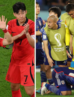 (Left) South Korea's Hwang Ui-jo and Son Heung-min applauding the fans at the end of their round-of-16 match against Brazil. (Right) Japan's players reacting to the team's defeat against Croatia on Dec 5, 2022.