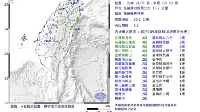 台湾花莲发生5.3级地震