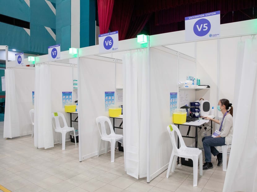 A Covid-19 vaccination station at Yew Tee Community Centre. A Covid-19 vaccination station at Yew Tee Community Centre.