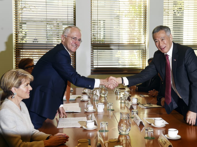 Australian Prime Minister Malcolm Turnbull shakes hands with Singapore's Prime Minister Lee Hsien Loong (right), during a bilateral meeting at Parliament House in Canberra, Australia. Photo: Pool via AP