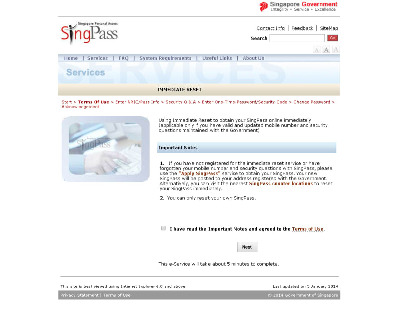 Screenshot of the SingPass reset website.