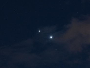 Planets Jupiter and Venus in conjunction are seen after sunset above L’Aquila, Italy, on march 1st, 2023