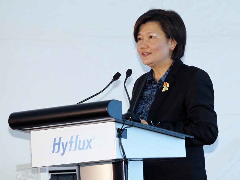 Hyflux founder Olivia Lum speaking at the opening ceremony of Singapore’s second and largest desalination plant, Tuaspring Desalination Plant. Photo: TODAY file