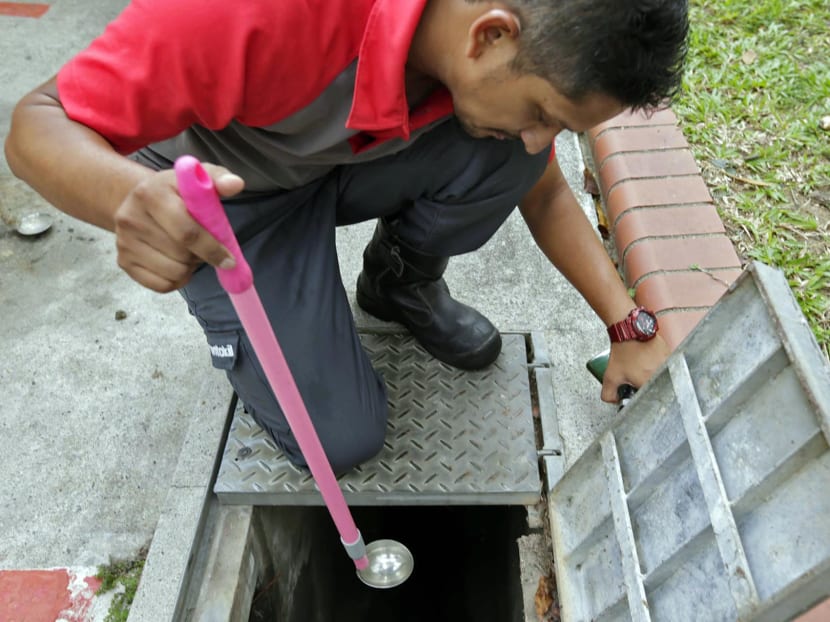 A pest-control worker inspecting a drain at Bedok North last year. While Singapore is now better equipped with hardware to tackle various infectious diseases, its health system will continue to be tested more frequently, as recent events have shown. TODAY file photo