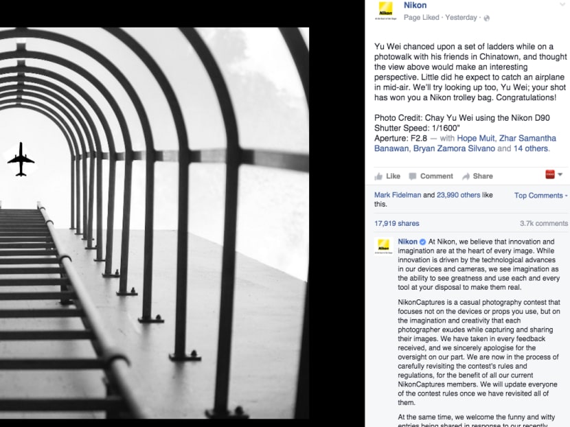 Nikon Singapore has gotten plenty of flak online after naming an allegedly badly-photoshopped photograph as a prize-winning shot on its official Facebook page on Jan 29, 2016. Screengrab: Nikon Singapore/Facebook