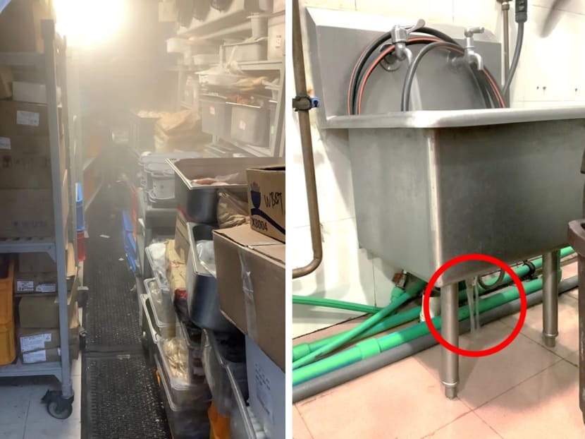 Images from the Ministry of Manpower's inspections at workplaces showing a passageway obstructed by various items (left), and a water pipe leakage causing an accumulation of water puddles on the floor (right), which could lead to slips, trips and falls. 