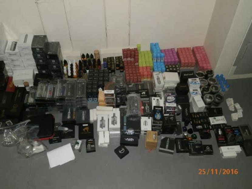 A general view of an estimated S$50,000 worth of vaporisers that were seized by the Health Sciences Authority’s (HSA) Tobacco Regulation Branch in Singapore, Nov 25, 2016. Photo: HSA