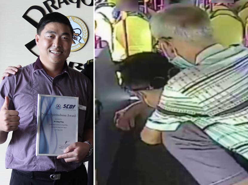 Bus driver Jiang Hong (left) piggybacked an older man up a bus (right) when the senior asked for help to board the bus.