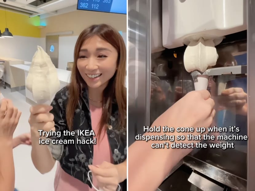 Vlogger Jason Soo's wife (left) and his daughter (right) showing the larger-than-usual serving of ice cream they can get after the family tried to trick the ice cream machines in Ikea into dispensing more ice cream. 
