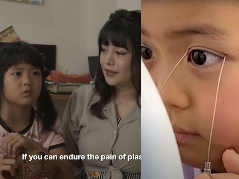 A mother (right in left photo) in Kagoshima, Japan has come under fire for convincing her nine-year-old daughter to undergo an invasive double eyelid surgery (right photo) to become more “beautiful”.
A mother (right in left photo) in Kagoshima, Japan has come under fire for convincing her nine-year-old daughter to undergo an invasive double eyelid surgery (right photo) to become more “beautiful”.