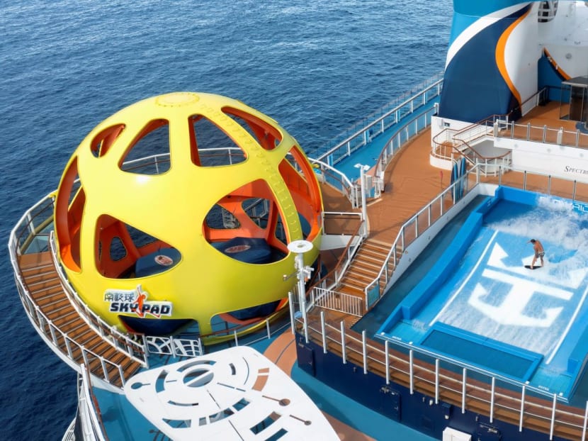 The Sky Pad bungee trampoline and FlowRider surf simulator are located at the stern of Royal Caribbean’s Spectrum of the Seas. Photos: Royal Caribbean