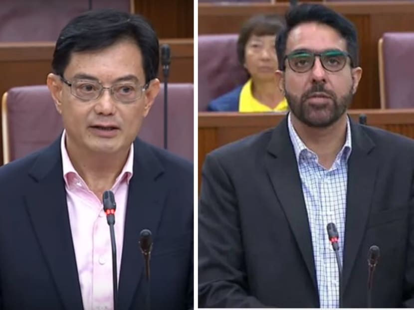 Deputy Prime Minister Heng Swee Keat, who is also Finance Minister, in Parliament on April 7, 2020 (left) and Workers' Party chief Pritam Singh in the House on April 6, 2020.