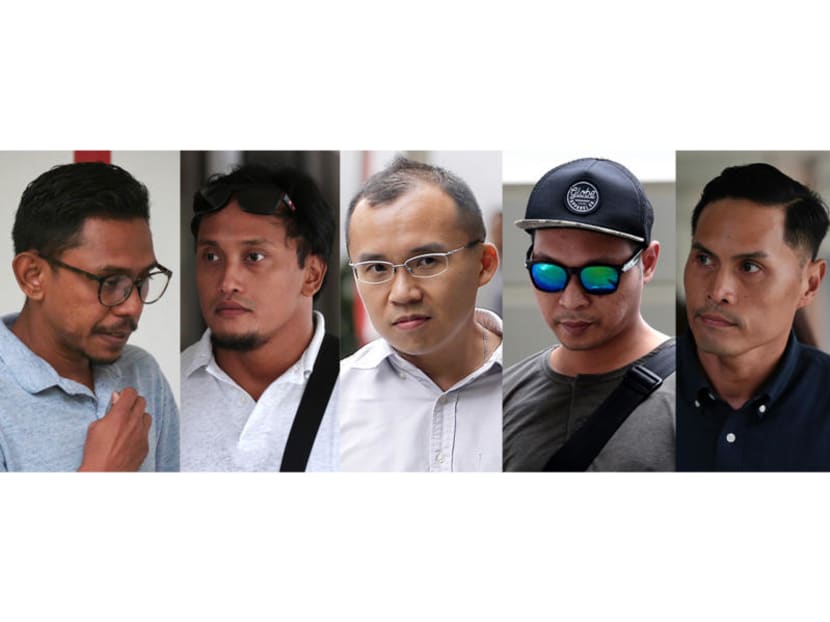 (From left): Mohamed Farid Mohd Saleh, Muhammad Nur Fatwa Mahmood, Chong Chee Boon Kenneth, Adighazali Suhaimi and Nazhan Mohamed Nazi. Adighazali took the witness stand on Monday (June 17) to walk the court through the final moments leading up to Corporal Kok Yuen Chin being pushed into a pump well, in which he drowned.