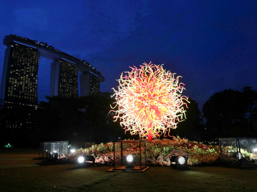 'Setting Sun', one of the artworks by American artist Dale Chihuly, which is part of a new exhibition ‘Dale Chihuly: Glass in Bloom’, at Gardens by the Bay, on April 30, 2021. Artwork © Chihuly Studio