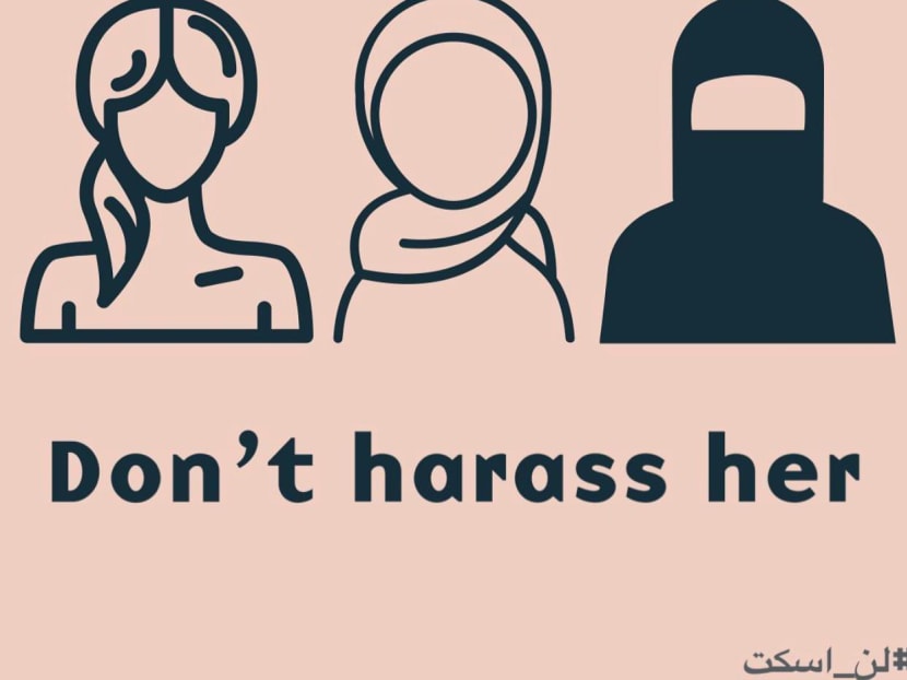 The US embassy in Kuwait tweeted a striking graphic that illustrates the campaign — images of three women, one unveiled, one with a headscarf, and another with her face covered — and bearing the slogan "Don't harass her". The US embassy in Kuwait tweeted a striking graphic that illustrates the campaign — images of three women, one unveiled, one with a headscarf, and another with her face covered — and bearing the slogan "Don't harass her".