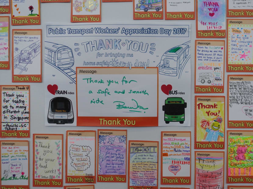 Thank You Message cards by Transport Minister Khaw Boon Wan and members of public are seen during the Opening Ceremony of the inaugural Public Transport Workers’ Appreciation Day. Photo: Koh Mui Fong/TODAY