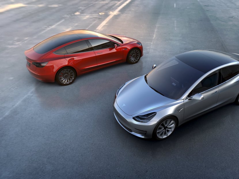 Tesla Motors' mass-market Model 3 electric cars are seen in this handout picture from Tesla Motors on March 31, 2016. Photo via Reuters